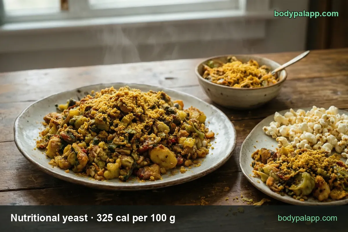 Veggie stew with cauliflower and peppers dusted with nutritional yeast; chips read 2 tbsp (24 g) 78 cal and 1 tbsp (12 g) 39 cal