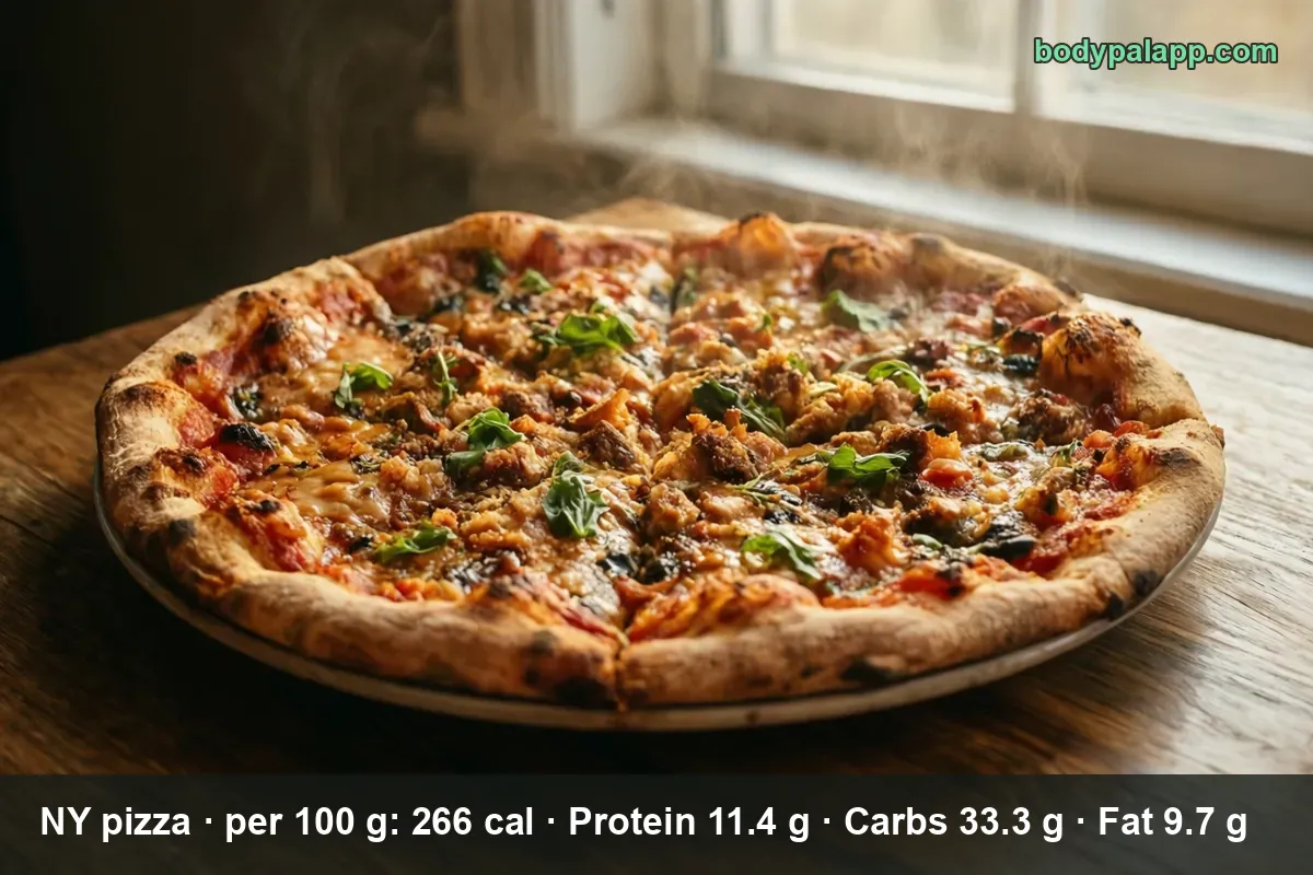 Whole New York style sausage pizza with basil and a charred crust edge on a hot pan, steam rising