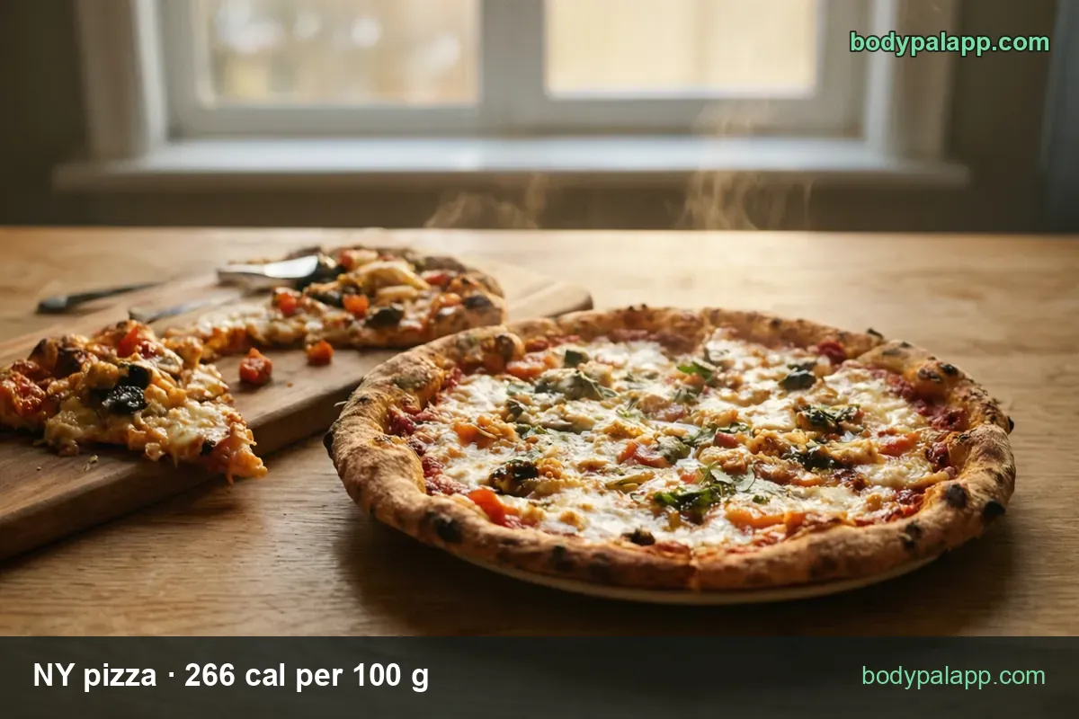 Whole mozzarella, tomato and basil pizza on a plate with two slices on a wooden board: 1 slice (86 g) 229 cal, whole pie (691 g) 1838 cal