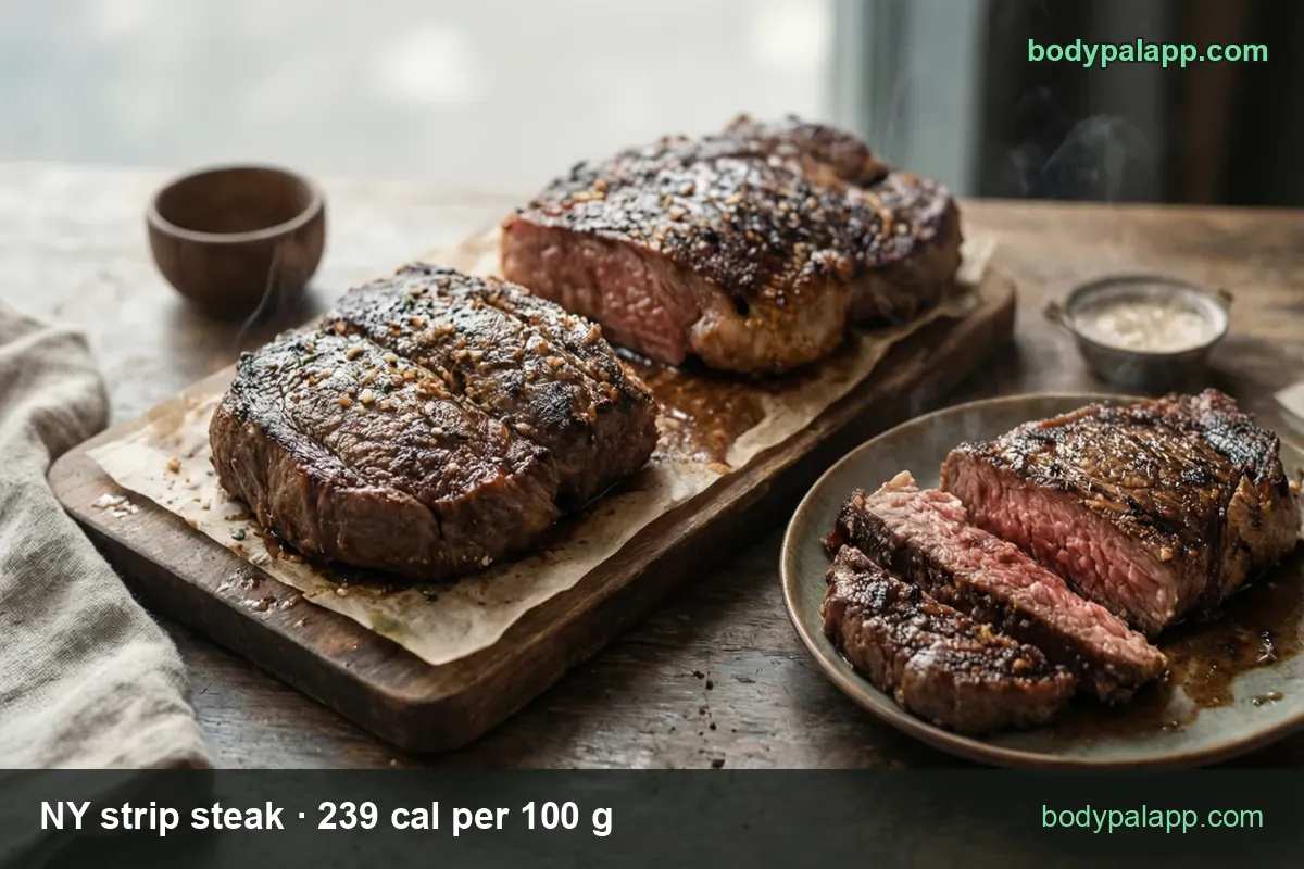 Two cooked NY strip steaks on a board, one sliced on a plate, salt bowl; 1 regular steak (240 g) 574 cal, 4 oz (113 g) 270 cal.