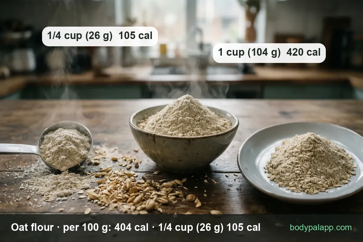 Scoop of oat flour and a heaped bowl with scattered oats, labeled 1/4 cup (26 g) 105 cal and 1 cup (104 g) 420 cal.