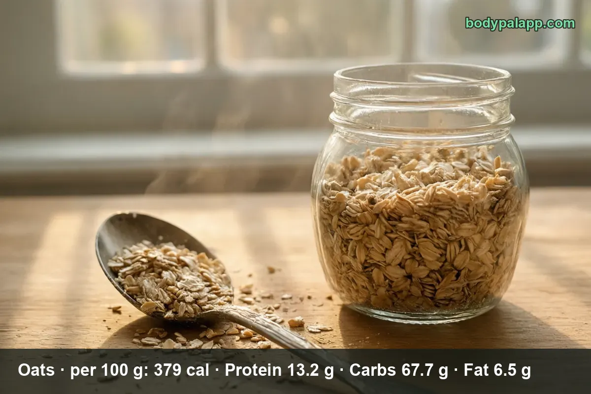 Glass jar of raw rolled oats with a spoon of dry oats beside it