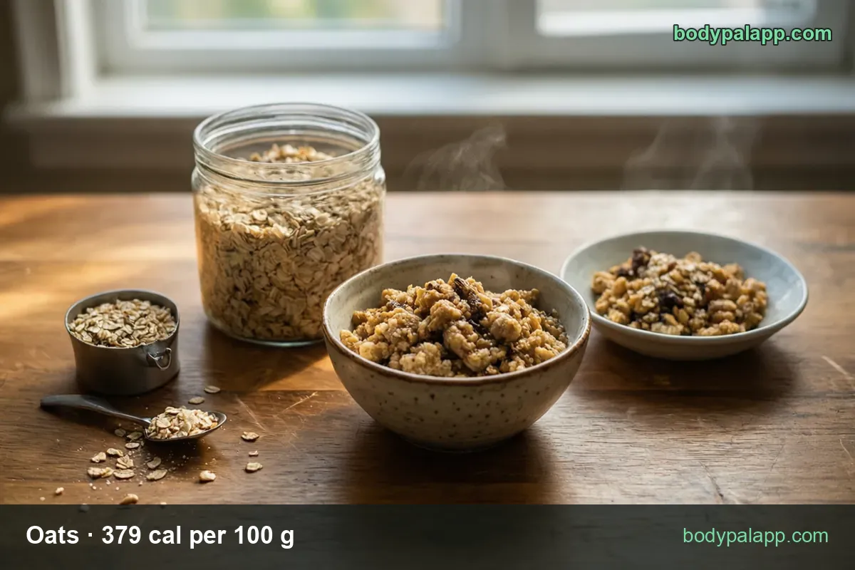 Jar of rolled oats with a measuring cup holding 1/2 cup dry oats and a bowl of oat granola clusters with raisins