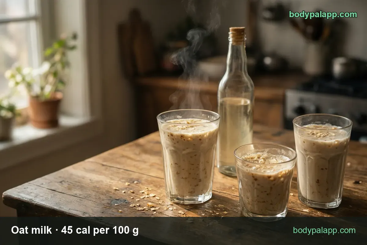 Three glasses of oat milk with floating oat flakes, an unlabeled bottle and scattered nuts; 1 cup 110 cal, half cup 55 cal