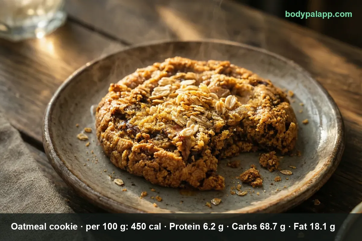 Bitten oatmeal cookie topped with oat flakes on a plate
