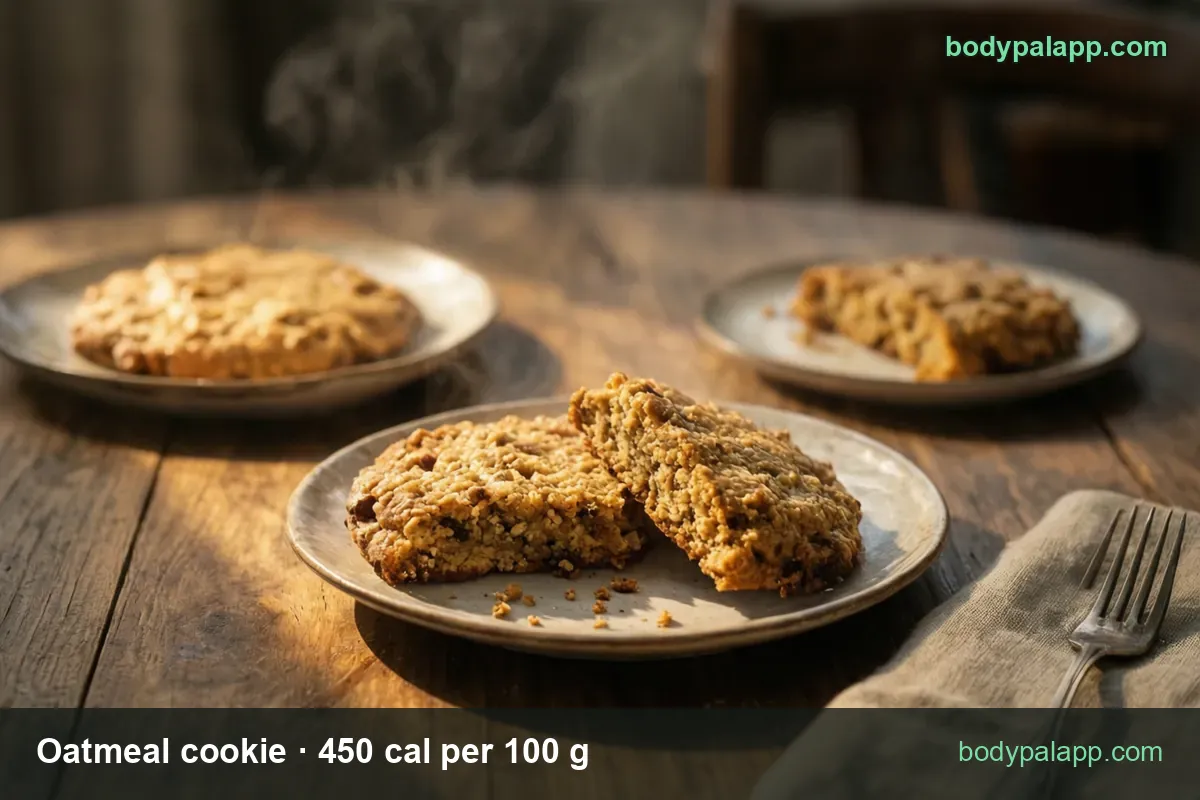Plate of oatmeal cookies, one whole and one broken in half; 1 medium cookie (30 g) 135 cal, 1 large (45 g) 203 cal