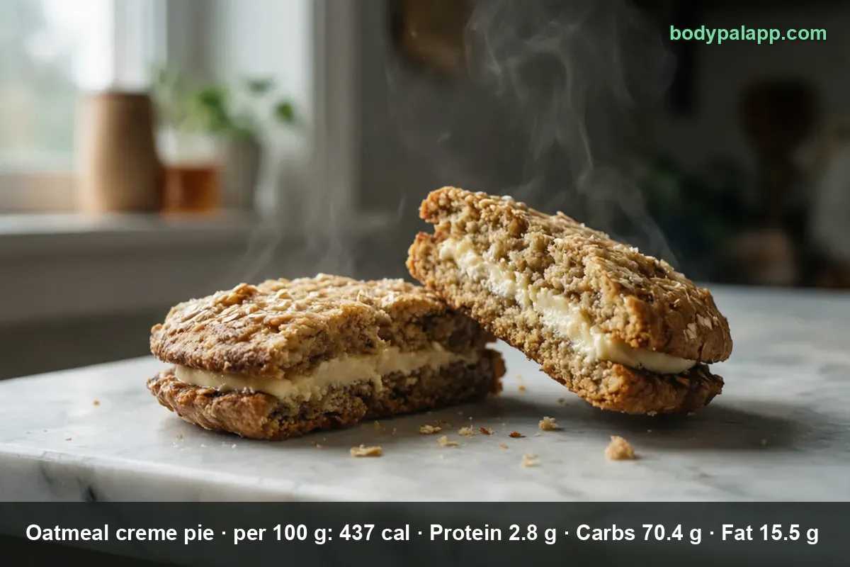 Two halves of an oatmeal creme pie on a marble counter, cut sides showing the white creme filling, steam rising from them.
