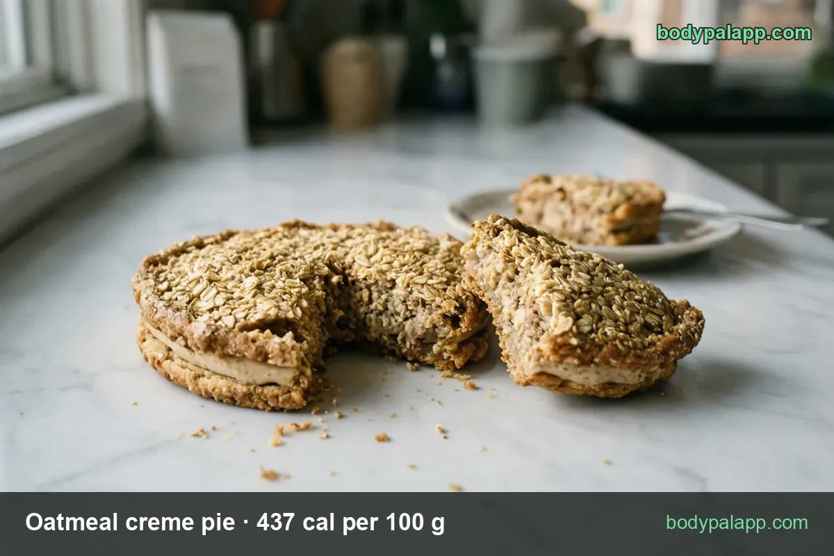 Oatmeal creme pie cut in two on a marble counter with a piece on a small plate behind, shown as 1 pie (71 g) and 1/2 pie (35.5 g).