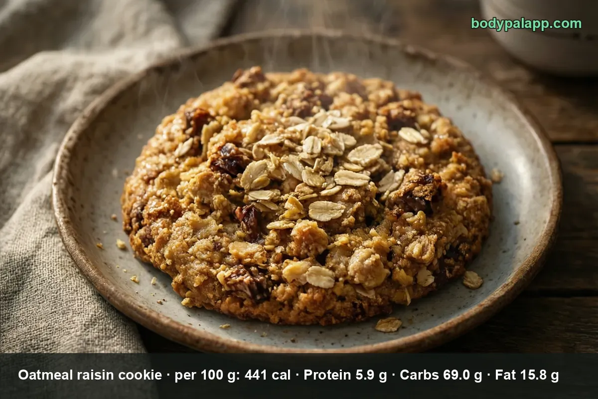 One large oatmeal raisin cookie topped with oats and raisins on a plate, steam rising from it