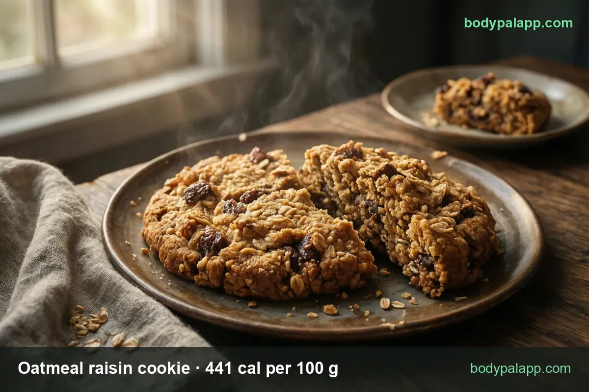 Two large oatmeal raisin cookies on a ceramic plate, one broken, scattered oats; 1 cookie (24 g) 106 cal, 2 cookies (48 g) 212 cal