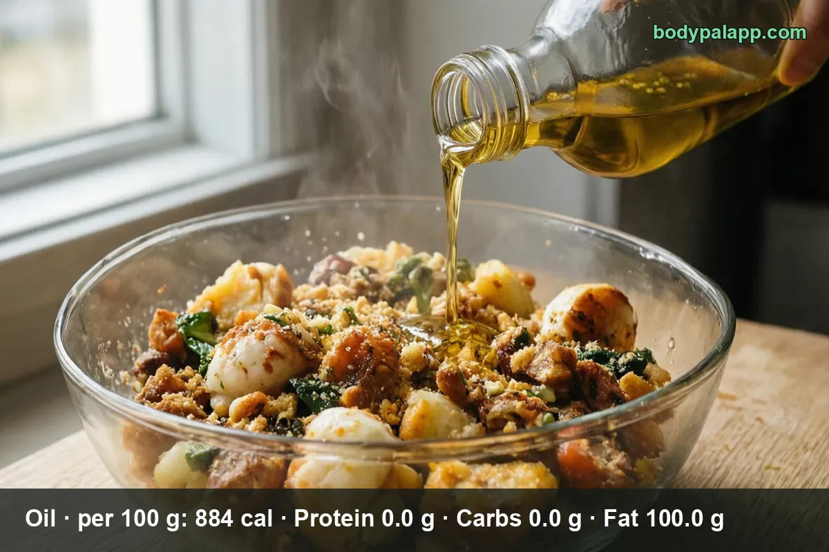 Unlabeled bottle pouring oil over a bowl of roasted vegetables, a hand holding the bottle in frame.