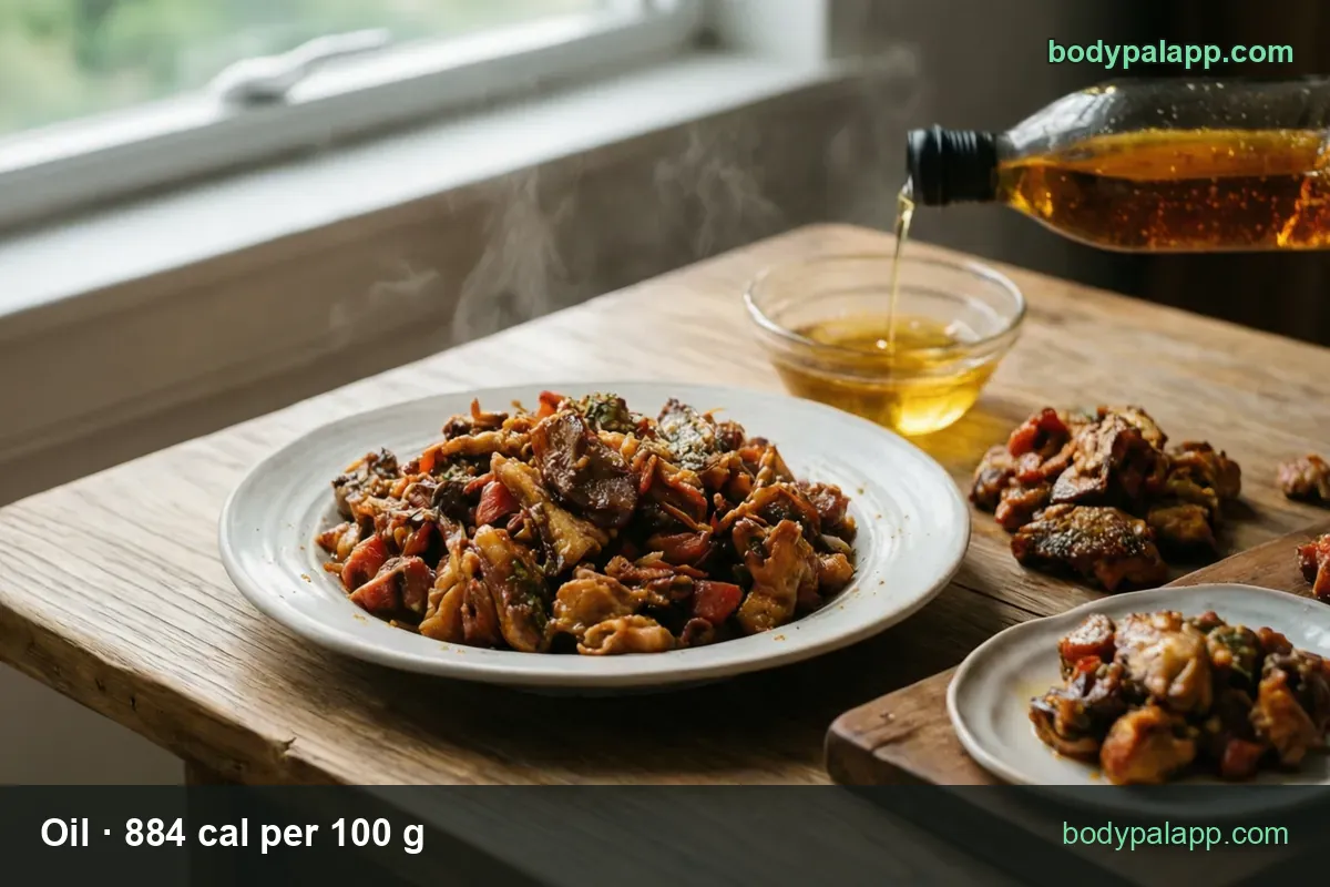 Oil poured from an unlabeled bottle into a small glass bowl, labeled 1 tbsp (14 g) 124 cal and 1 tsp (4.5 g) 40 cal.