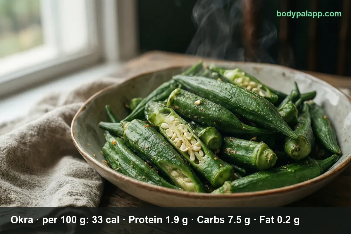 Close-up bowl of whole and lengthwise-halved okra pods with visible seeds and light steam.