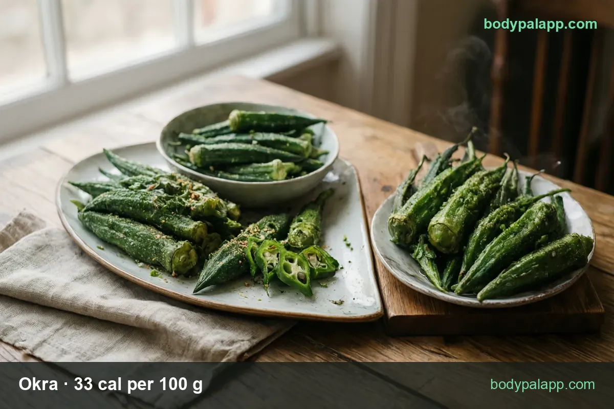 Roasted okra pods with sliced rings and spices and a bowl of whole pods; 8 pods (95 g) 31 cal, 1 cup (100 g) 33 cal.