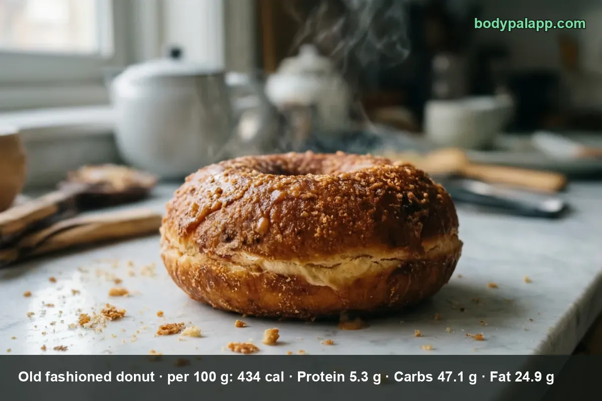 Whole old fashioned cake donut with a cracked crust and crumbs on marble, steam rising from it
