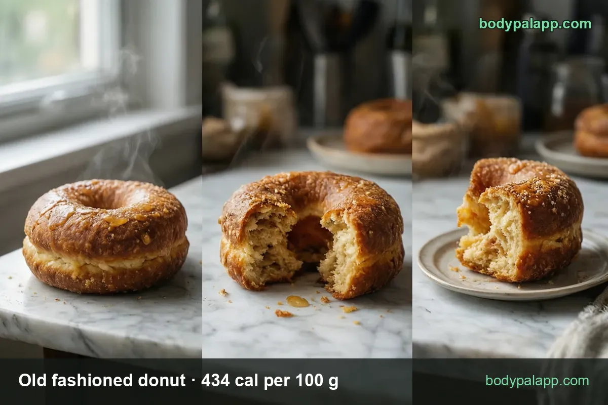 Old fashioned donut broken into two halves showing the crumb, with chips for 1 medium donut 54 g 234 cal and 1 large 71 g 308 cal