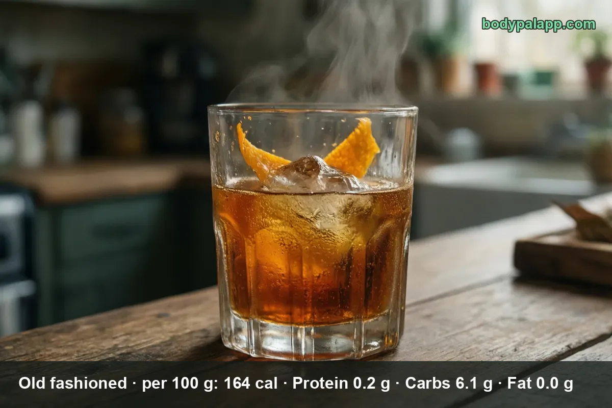Old fashioned cocktail in a glass with steam rising above it, US calorie guide photo.