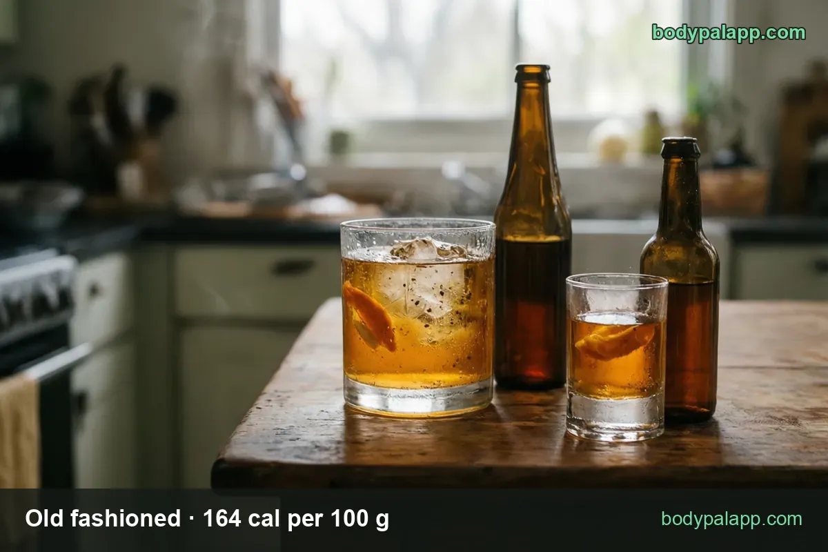 Old fashioned cocktail beside unlabeled bottles, with 1 drink (180 g) 295 cal and 1 fl oz (30 g) 49 cal chips.