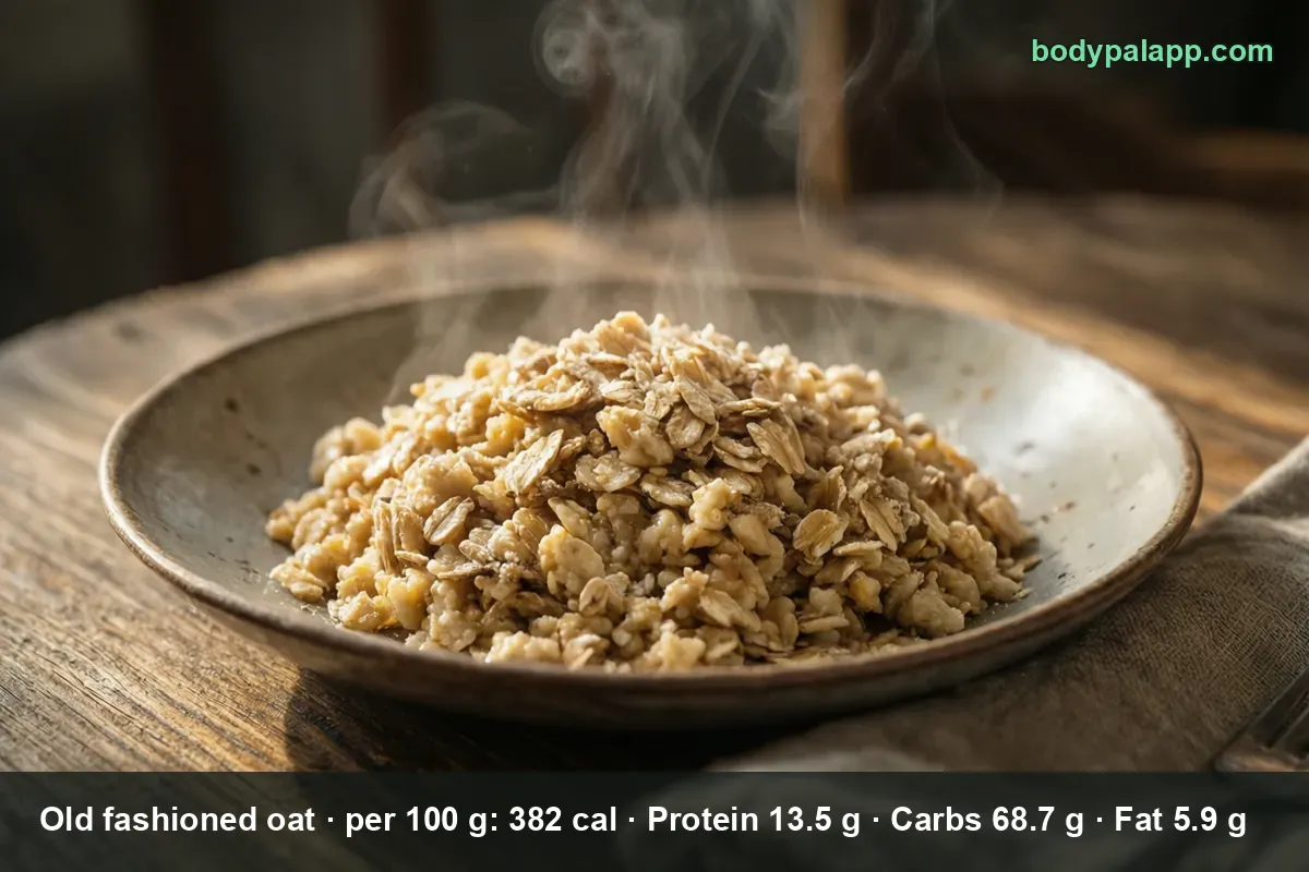 Mound of cooked old fashioned oats steaming on a shallow plate