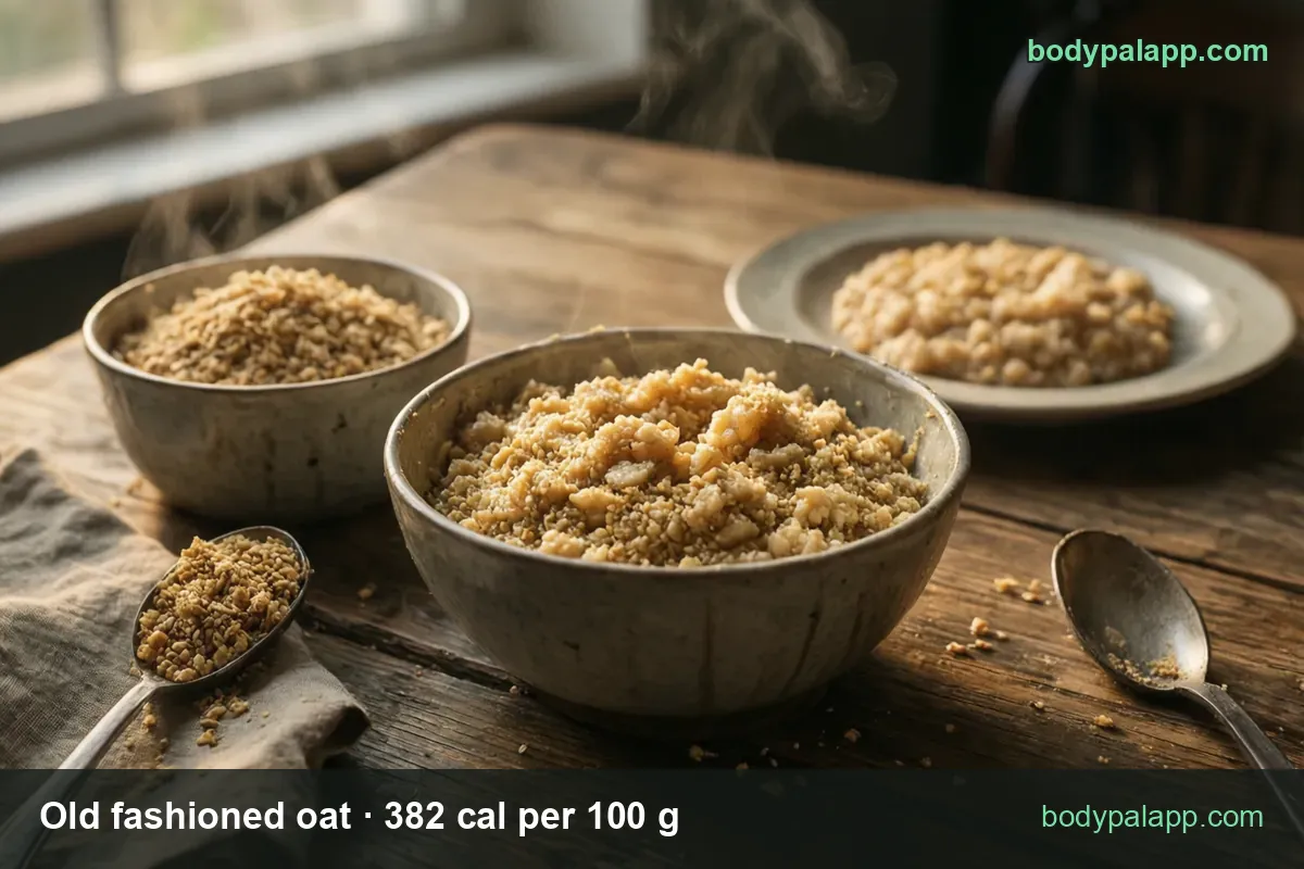 Bowl of cooked oats with a small bowl of dry oats and a spoonful on a cloth, labeled 1/2 cup dry 40 g 153 cal and 1 cup dry 80 g 305 cal