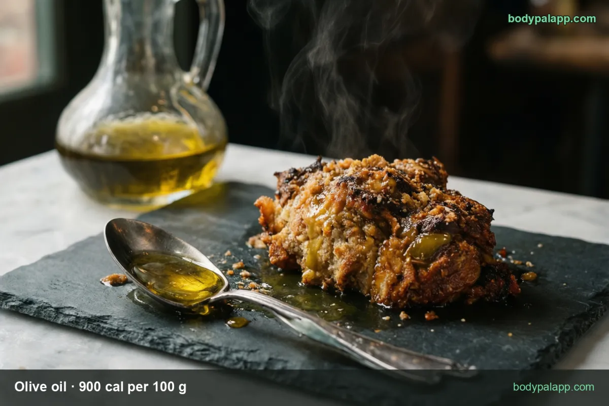 Unlabeled bottle of olive oil with serving chips: 1 tbsp (14 g) 126 cal and 1 tsp (4.7 g) 42 cal