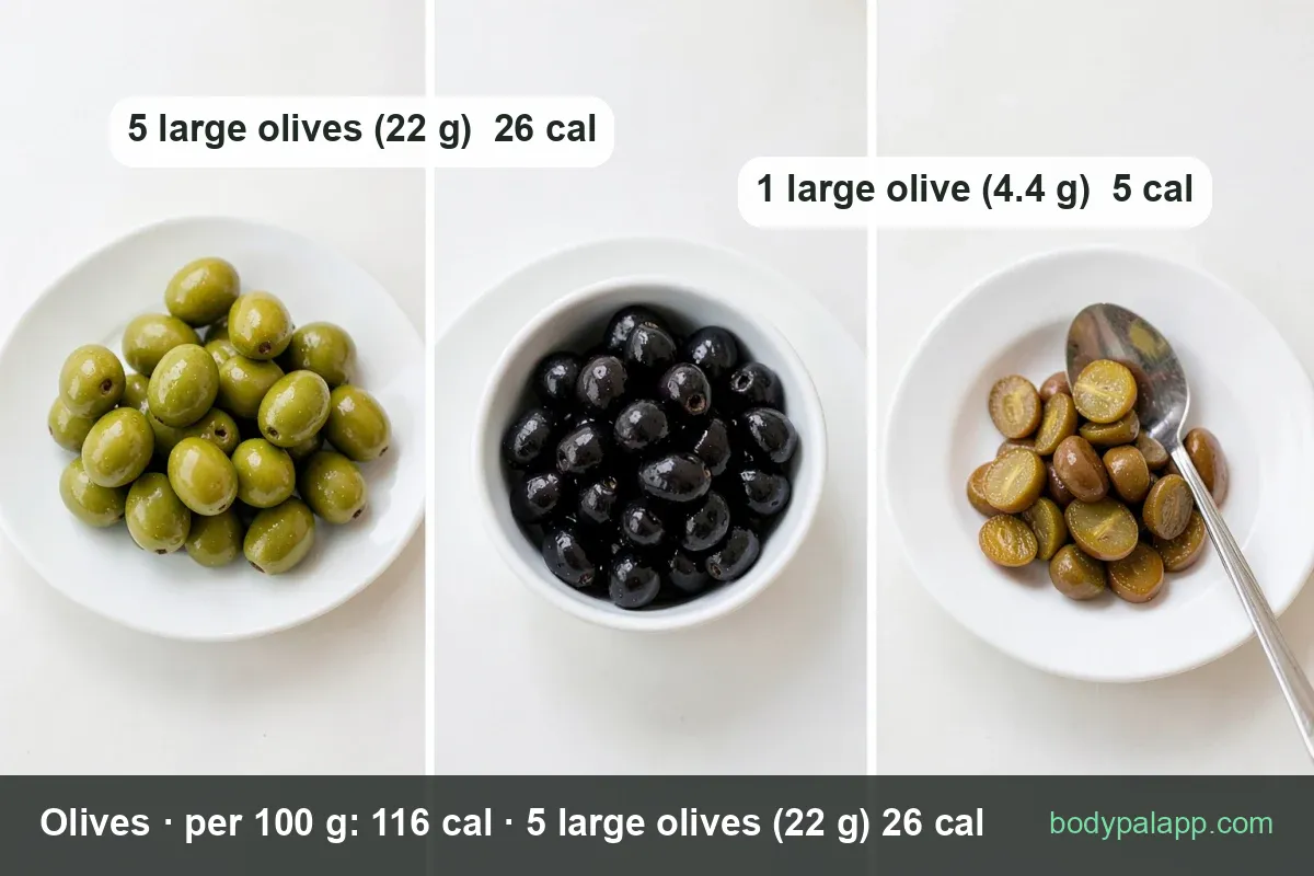 Three dishes of green, black and purple olives with dried herbs on wood, labeled 5 large olives 26 cal and 1 large olive 5 cal