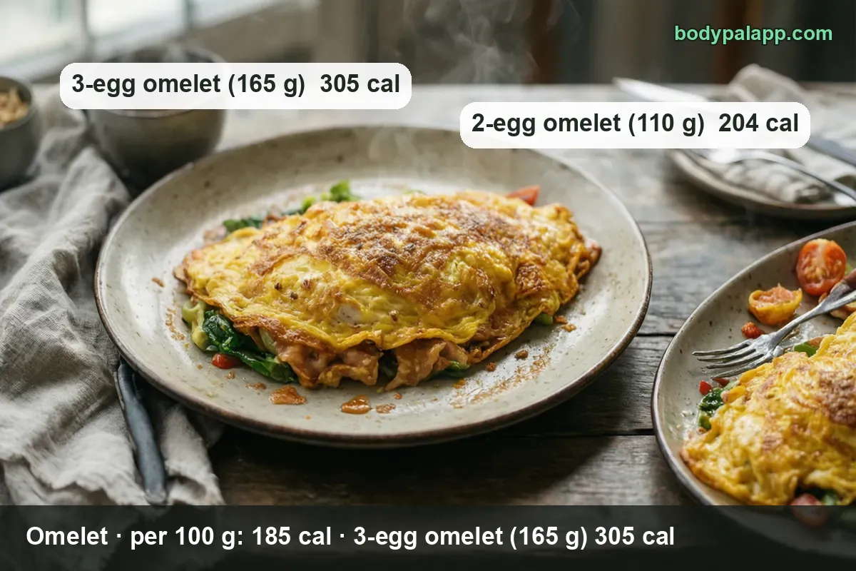 Folded omelet with spinach, tomato and cheese, sliced portion beside it; 3-egg omelet 165 g 305 cal, 2-egg 110 g 204 cal