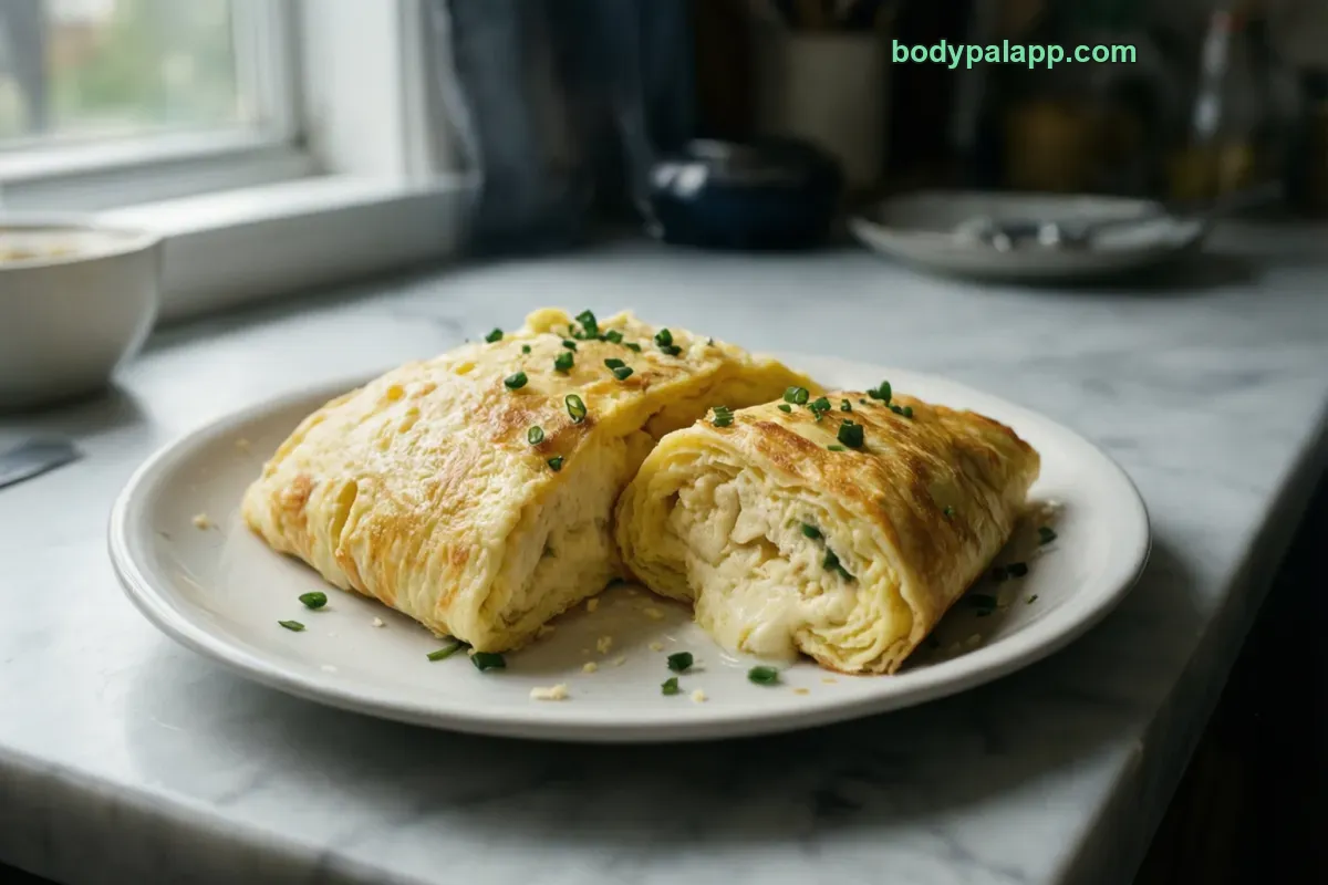 Omelette, packaged, per label