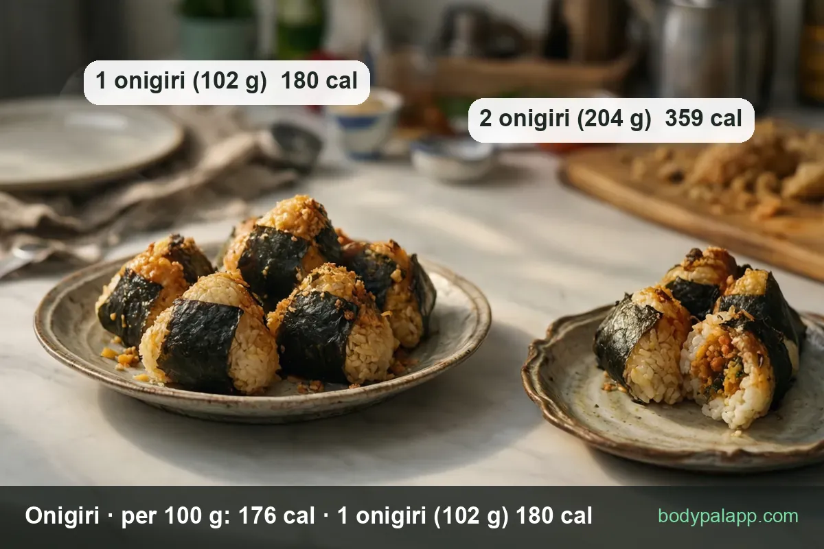 Five triangular onigiri and three more, one broken open to show the filling: 1 onigiri 180 cal, 2 onigiri 359 cal.