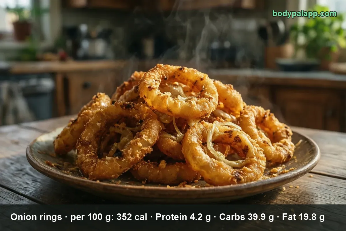 A pile of golden breaded fried onion rings in a ceramic dish - 282 calories for 8 rings