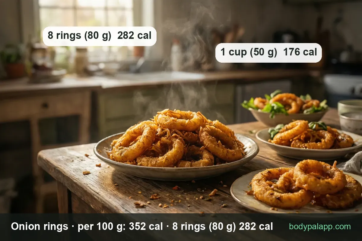 Three servings of onion rings - a large plate in front, a bowl with a side salad and a second plate behind, a third plate to the right