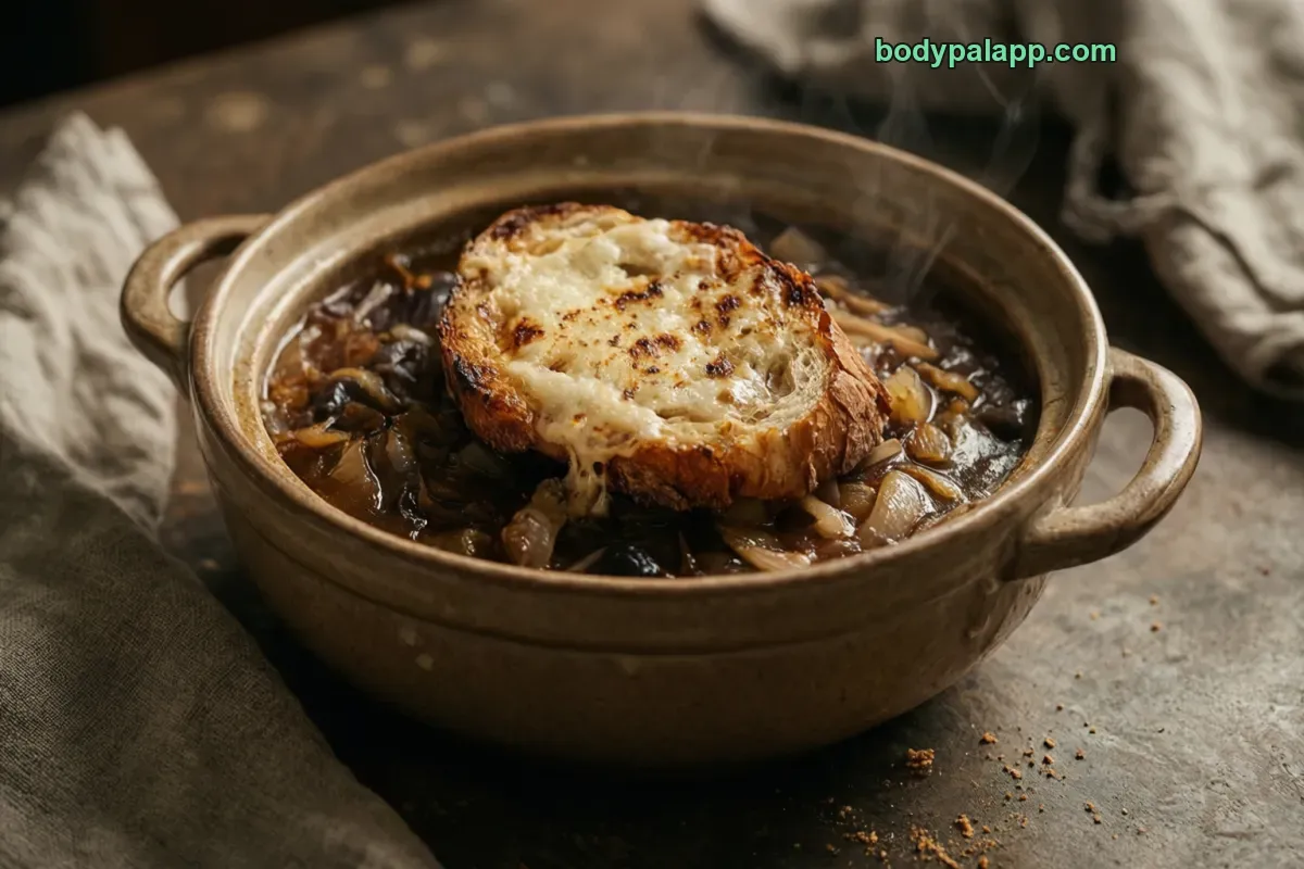 Onion soup with cheese, French style, prepared