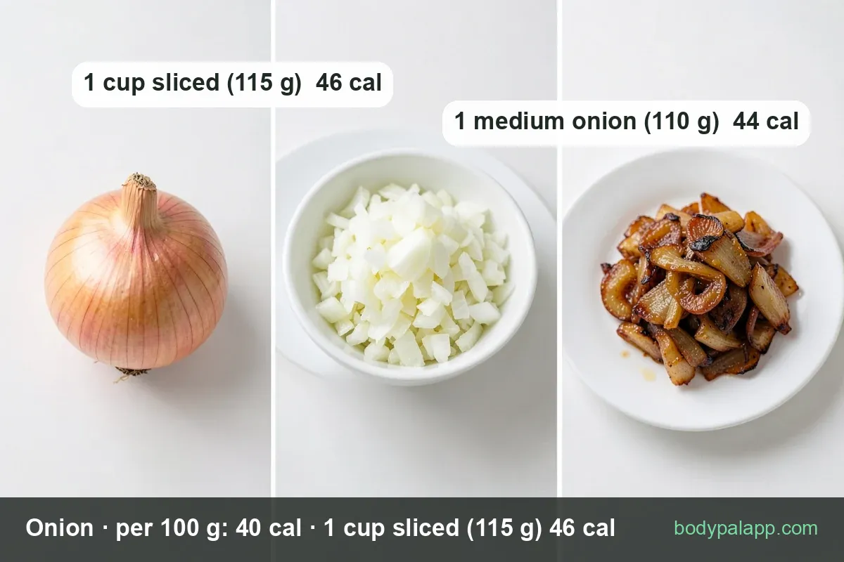 Four servings of caramelized onion strips on plates and a board with a dip bowl; chips: 1 cup sliced 46 cal, 1 medium onion 44 cal
