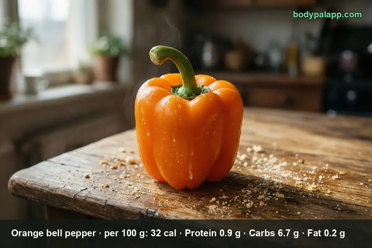 Whole orange bell pepper with stem and water droplets on a wooden table