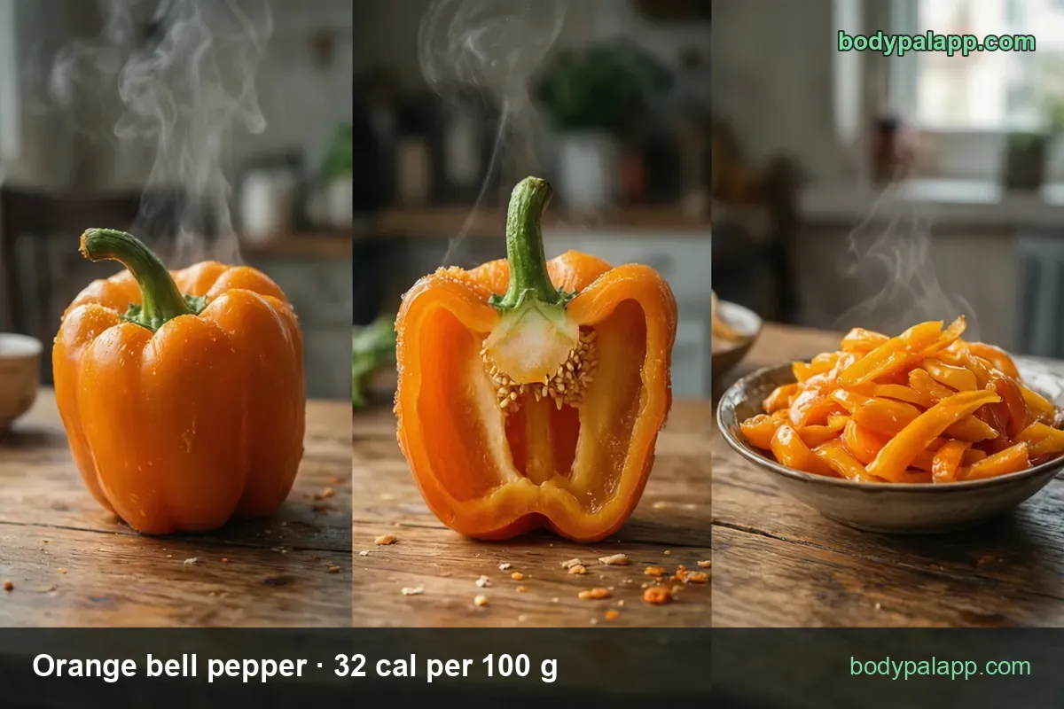 Orange bell pepper whole, halved and sliced into strips, labeled 1 medium pepper 119 g and 1 cup sliced 92 g