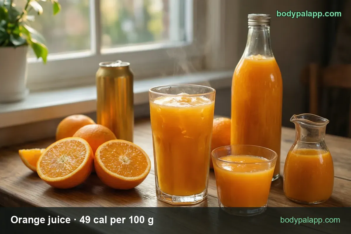 Bottle of orange juice with a small glass and oranges; chips show 1 cup (249 g) 122 cal and 6 fl oz (187 g) 92 cal.