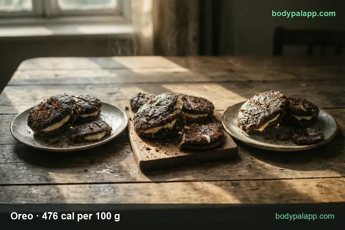 Oreo cookies on wood: three whole, a stack of two (22 g, 105 cal), a split cookie with creme, a stack of three (33 g, 157 cal)