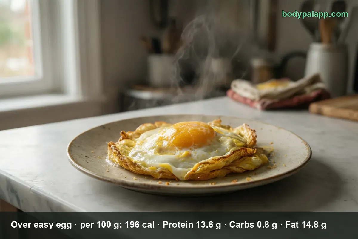 One over easy egg with a runny yolk and crispy edges on a plate, with steam rising