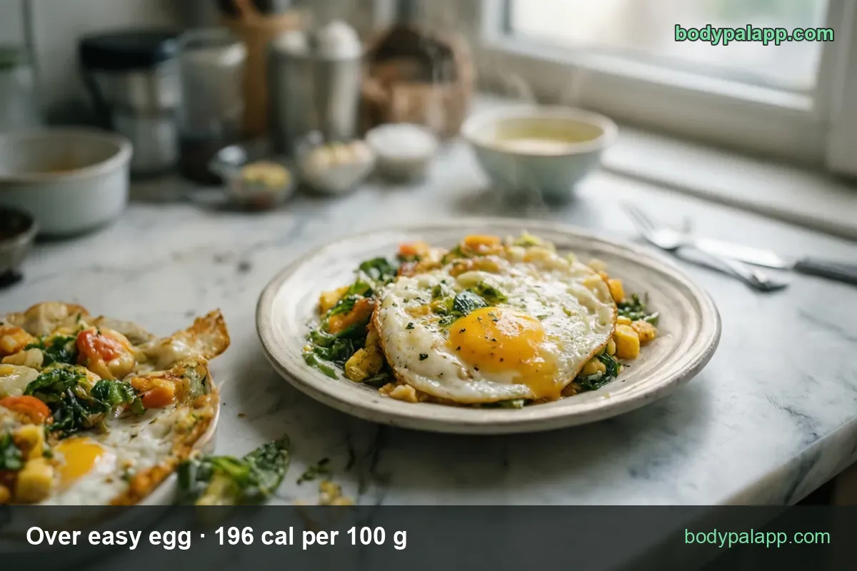 Over easy egg with runny yolk over sauteed spinach, tomato and corn; chips 1 large egg (46 g) 90 cal and 2 eggs (92 g) 180 cal