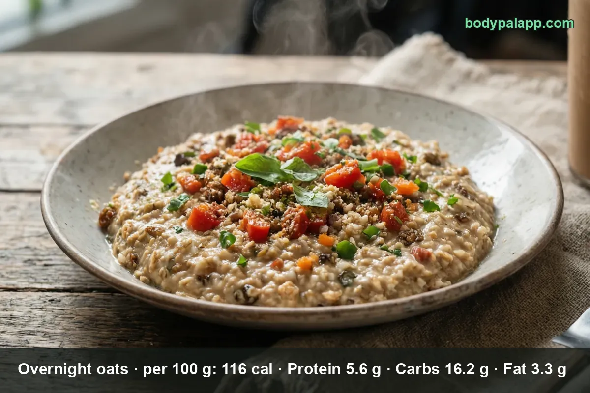 Deep bowl of warm oats topped with tomato, basil and onion, steam rising