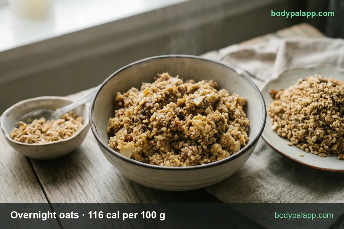 Bowl of clumpy oat mixture with a small bowl of dry oats and a spoon and a plate of granola; 1 cup 278 cal, 1/2 cup 139 cal