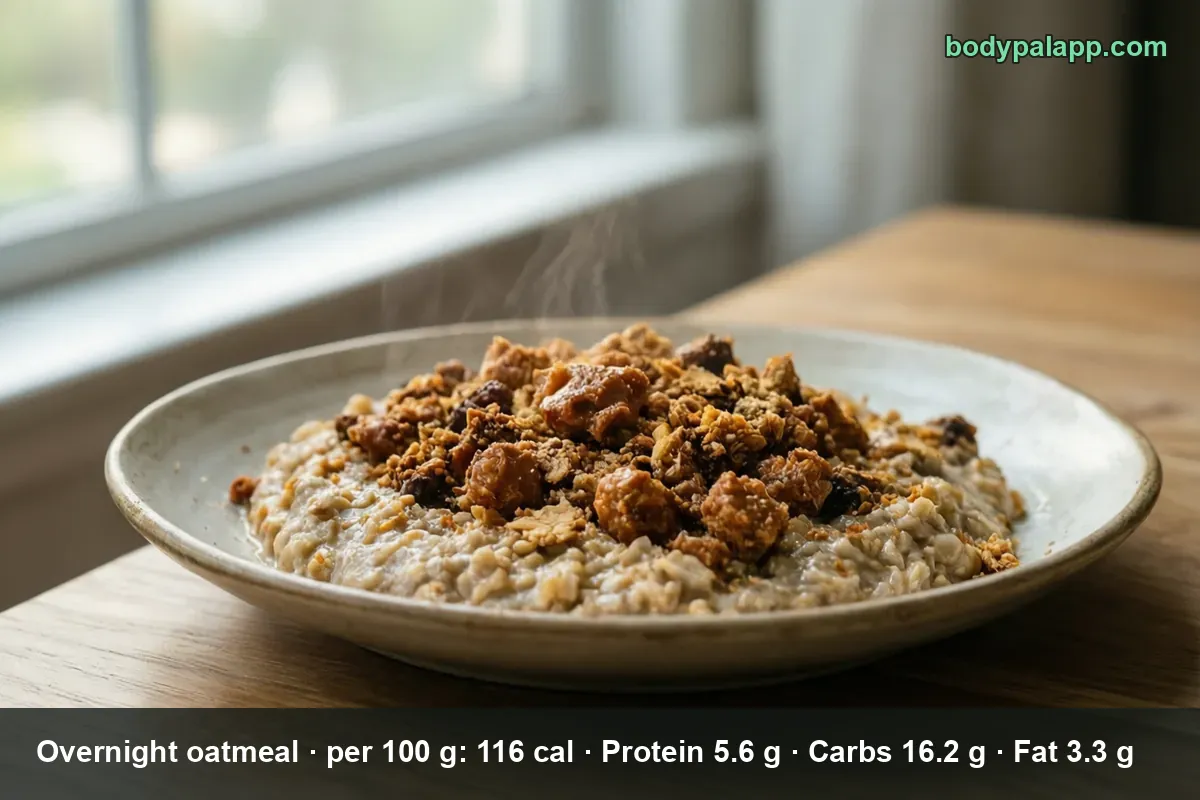 Bowl of creamy oatmeal topped with granola, dates and nuts, steam rising from the bowl