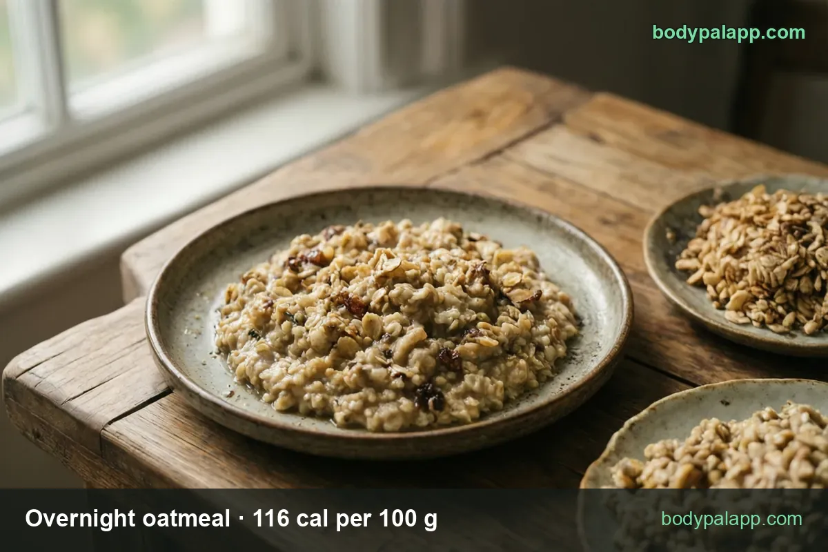 Bowl of oatmeal with raisins and almonds beside dry oats and a second bowl, labeled 1 cup (240 g) 278 cal and 1/2 cup (120 g) 139 cal