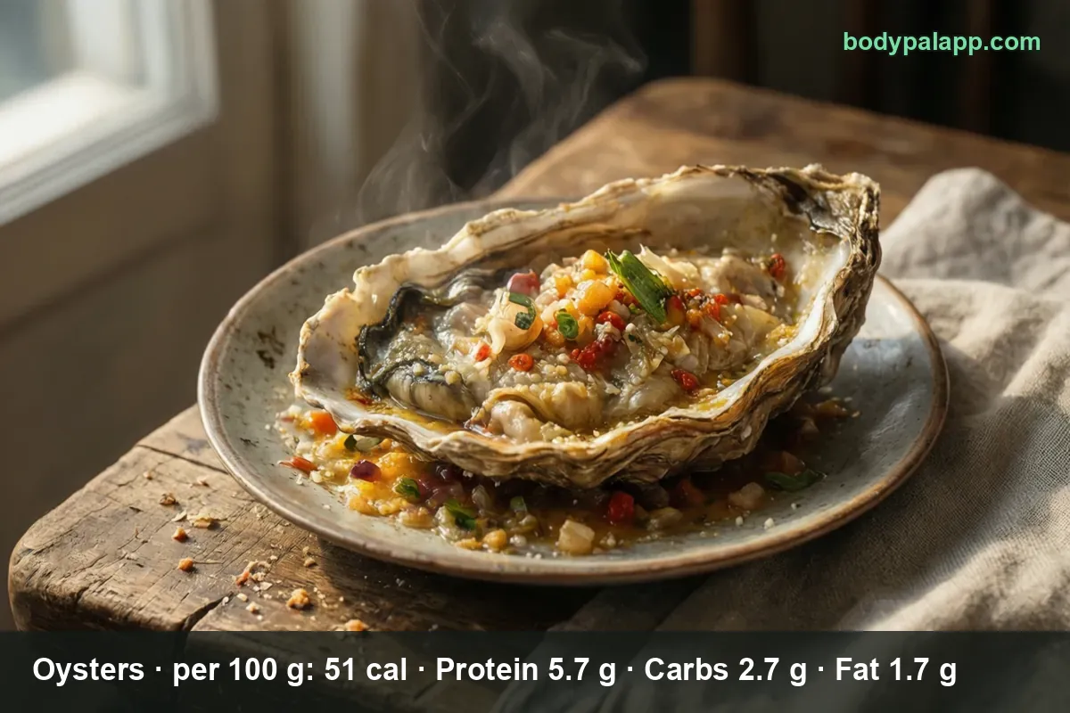 Large steaming oyster on the half shell topped with chopped peppers and green onion on a plate
