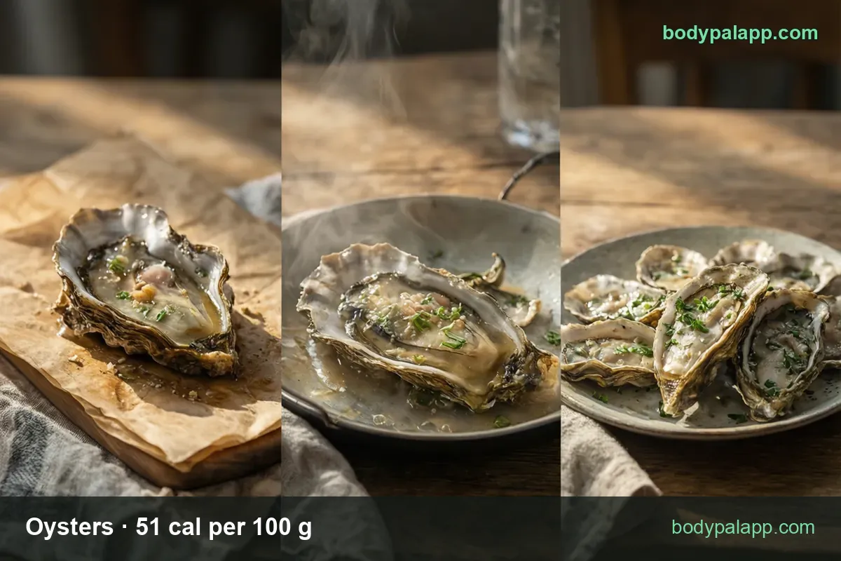 Plate of five oysters in the shell with parsley, labeled 1 oyster (15 g) 8 cal and 6 oysters (90 g) 46 cal