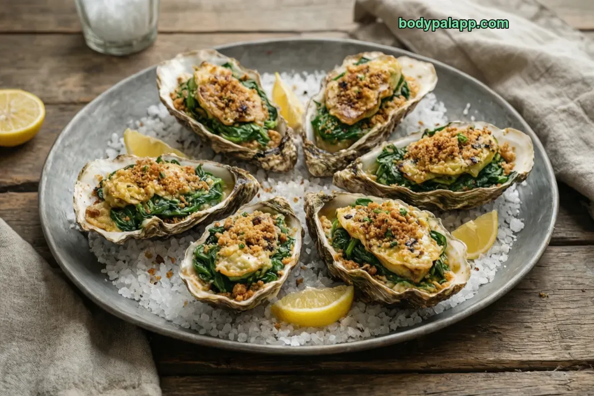 Oysters rockefeller, baked, spinach and butter