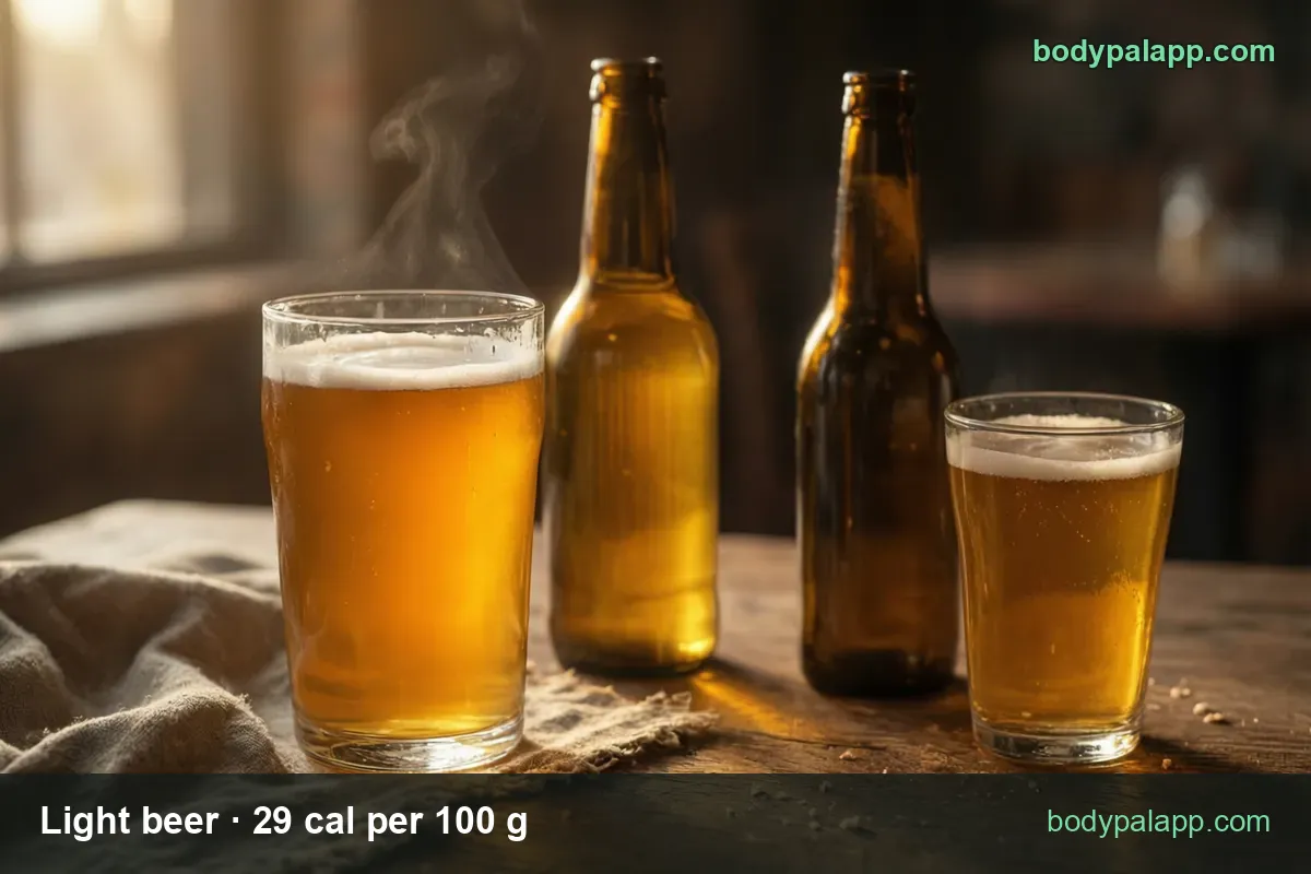 Tall glass of light beer with foam next to two brown unlabeled bottles and a small glass; 1 pint 137 cal, 12 fl oz 103 cal