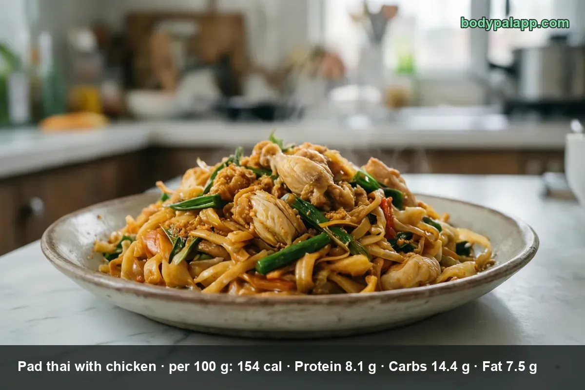 Plate of chicken pad thai rice noodles topped with chicken pieces and sliced green onion