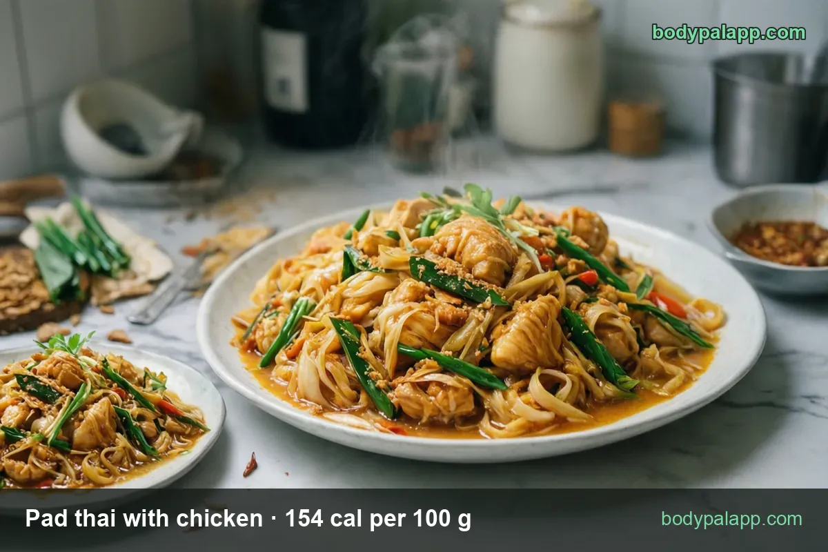 Steaming plate of chicken pad thai with green onion in orange sauce beside a small plate, 1 cup 200 g and 2 cups 400 g