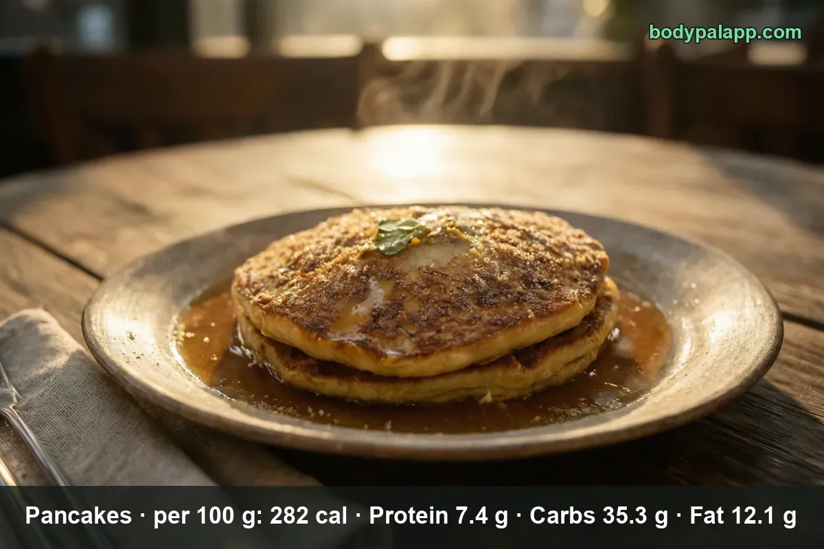 Stack of two pancakes topped with syrup, a pat of butter and a mint leaf on a plate